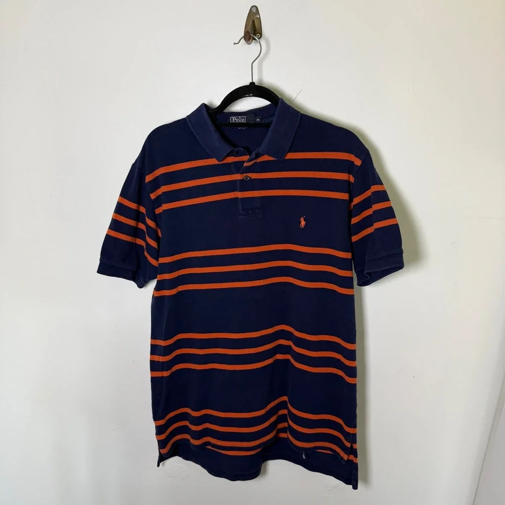 Polo Ralph Lauren Mens XL Polo Shirt Navy Blue Orange Striped Short Sleeve Golf